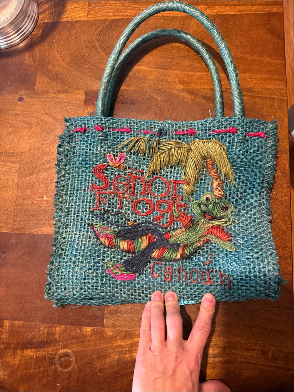 Senor Frogs Cancun teal jute tote bag